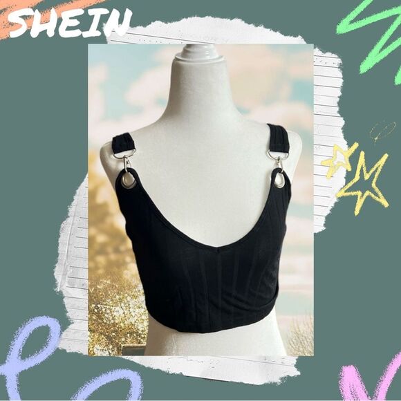 💝 Preowned Shein Black Crop Top Tank Top Shirt - Extra Small - Picture 6 of 7
